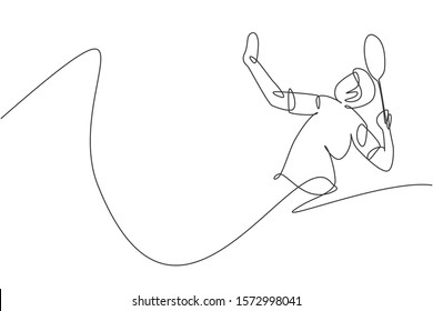 One continuous line drawing of young badminton player hit shuttlecock with racket. Competitive sport concept. Dynamic single line draw design vector illustration for tournament match promotion poster