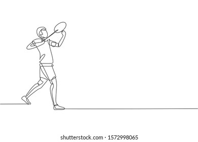 One continuous line drawing of young badminton player ready to hit shuttlecock with racket. Sport concept. Dynamic single line draw design vector illustration for tournament match promotion poster