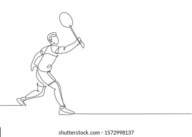 One continuous line drawing of young badminton player hit shuttlecock with racket. Competitive sport concept. Dynamic single line draw design vector illustration for tournament match promotion poster
