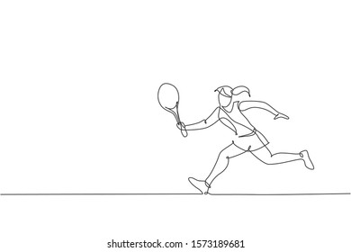 One continuous line drawing young happy woman tennis player run and hit the ball. Competitive sport concept. Dynamic single line draw design vector graphic illustration for tournament promotion poster