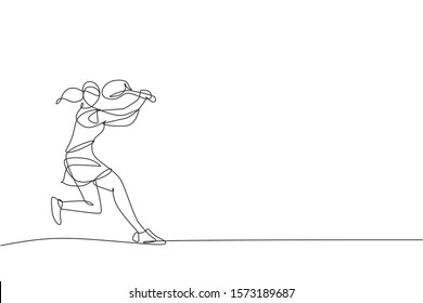 One continuous line drawing of young happy female tennis player hit the opponent's ball. Competitive sport concept. Dynamic single line draw design vector illustration for tournament promotion poster