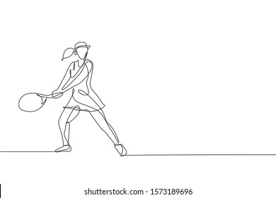 One continuous line drawing of young happy tennis player concentrate to hit the ball. Competitive sport concept. Dynamic single line draw design vector illustration for tournament promotion poster