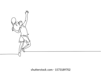 One continuous line drawing of young happy woman tennis player prepare to hit the ball. Competitive sport concept. Dynamic single line draw design vector illustration for tournament promotion poster
