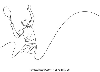 One continuous line drawing of young happy male tennis player serving the ball. Competitive sport concept. Dynamic single line draw design vector graphic illustration for tournament promotion poster