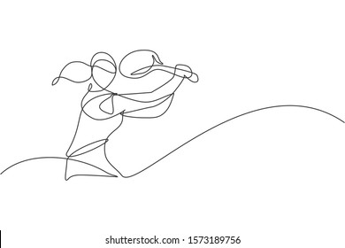 One continuous line drawing of young happy female tennis player hit the ball. Competitive sport concept. Dynamic single line draw design vector illustration graphic for tournament promotion poster