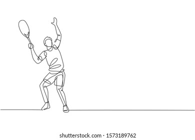 One continuous line drawing of young happy man tennis player prepare to service and hit the ball. Competitive sport concept. Dynamic single line draw design vector illustration for tournament poster