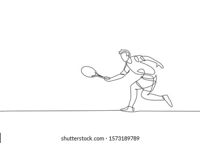 One continuous line drawing of young happy tennis player hold opponent smash hit. Competitive sport concept. Dynamic single line draw design graphic vector illustration for tournament promotion poster