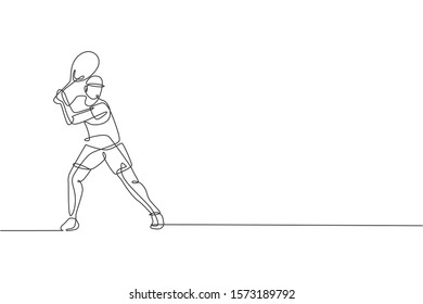 One continuous line drawing of young happy tennis player concentrate to hit the ball. Competitive sport concept. Dynamic single line draw design vector illustration for tournament promotion poster