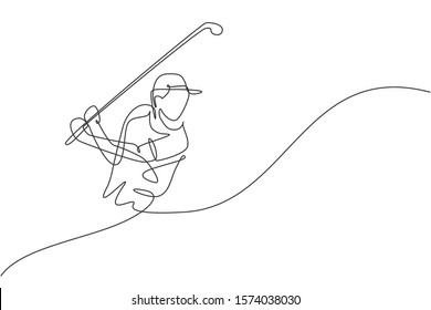 One continuous line drawing of young golf player swing golf club and hit the ball. Leisure sport concept. Dynamic single line draw design vector illustration graphic for tournament promotion media