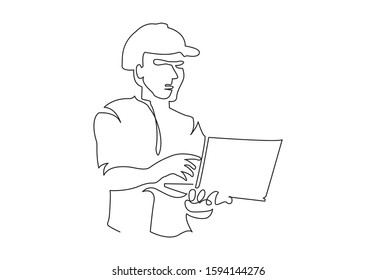 One continuous line drawing of young foreman manager controlling the construction of building. Building architecture business concept. Single line draw design illustration