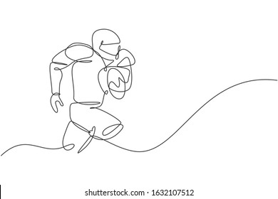 One continuous line drawing of young muscular man american football player running and hold the ball for competition poster. Sport teamwork concept. Dynamic single line draw design vector illustration