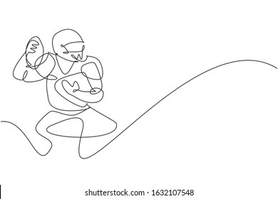 One continuous line drawing of young attractive american football player ready to pass the ball for competition poster. Sport teamwork concept. Dynamic single line draw design vector illustration 