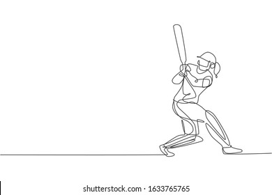One continuous line drawing young woman cricket player focus practice to swing cricket bat vector illustration  Competitive sport concept  Dynamic single line draw design for advertisement poster