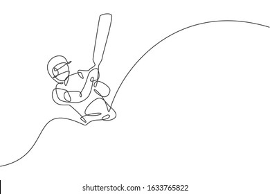 One Continuous Line Drawing Of Young Happy Man Cricket Player Focus To Train Cricket Bat Swing Vector Illustration. Competitive Sport Concept. Dynamic Single Line Draw Design For Advertisement Poster