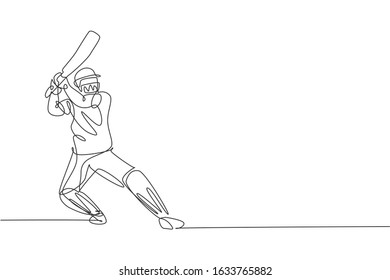 One continuous line drawing of young man cricket player standing ready to receive ball from pitcher vector illustration. Competitive sport concept. Single line draw design for advertisement poster
