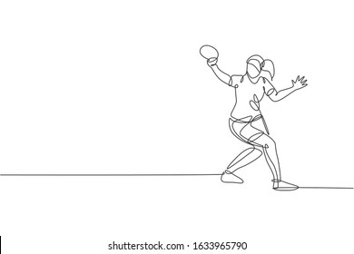 One continuous line drawing of young sporty woman table tennis player hit the ball. Competitive sport concept. Single line draw design graphic vector illustration for ping pong championship poster
