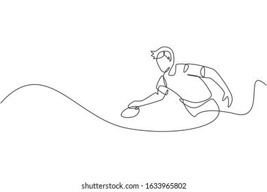 One continuous line drawing of young sporty man table tennis player focus to practice. Competitive sport concept. Single line draw design vector graphic illustration for ping pong championship poster