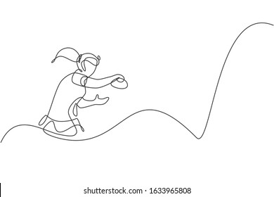 One continuous line drawing of young sporty woman table tennis player practicing her smash hit. Competitive sport concept. Single line draw design vector illustration for ping pong championship poster