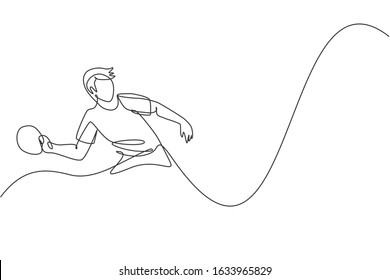 One continuous line drawing of young sporty man table tennis player practice hitting the ball. Competitive sport concept. Single line draw design vector illustration for ping pong championship poster