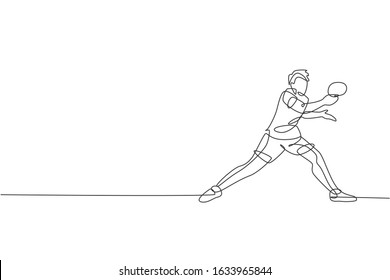 One continuous line drawing of young sporty man table tennis player hold the opponent ball. Competitive sport concept. Single line draw design vector illustration for ping pong championship poster