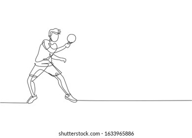 One continuous line drawing of young sporty man table tennis player practice to hit the ball. Competitive sport concept. Single line draw design vector illustration for ping pong championship poster