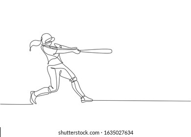 One continuous line drawing of young sporty woman baseball player practice to hit the ball. Competitive sport concept. Dynamic single line draw design vector graphic illustration for promotion poster