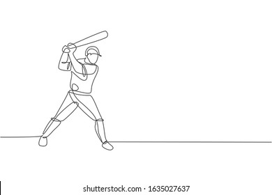 One continuous line drawing of young sporty man baseball player practice to hit the ball at field. Competitive sport concept. Dynamic single line draw design vector illustration for promotion poster