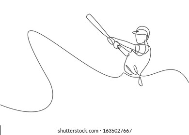 One continuous line drawing of young sporty man baseball player seriously practice at arena. Competitive sport concept. Dynamic single line draw design graphic vector illustration for promotion poster