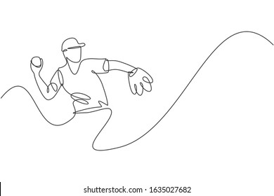 One continuous line drawing of young sporty man baseball player focus practice to throw the ball. Competitive sport concept. Dynamic single line draw design vector illustration for promotion poster