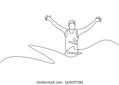 One continuous line drawing of young man athlete runner reach finish line. Individual sport, competitive concept. Dynamic single line draw design vector illustration for running competition poster