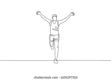 One continuous line drawing of young man athlete runner reach finish line. Individual sport, competitive concept. Dynamic single line draw design vector illustration for running competition poster