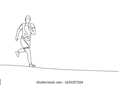 One continuous line drawing of young man athlete runner focus jogging run. Individual sport, competitive concept. Dynamic single line draw design vector illustration for running competition poster