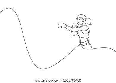 One Continuous Line Drawing Of Young Sporty Woman Boxer Pose Punch Elegantly. Competitive Combat Sport Concept. Dynamic Single Line Draw Design Vector Illustration For Boxing Match Promotion Poster