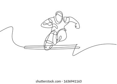 One continuous line drawing of young sporty man runner jumping obstacle while run. Health activity sport concept. Dynamic single line draw design vector illustration for running event promotion poster