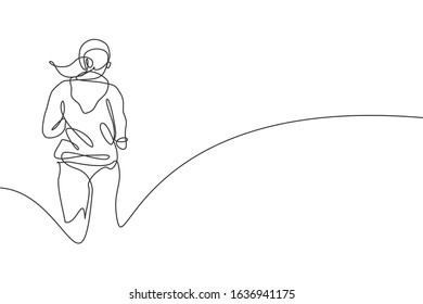 One continuous line drawing of young sporty woman runner run relax from rear view. Health activity sport concept. Dynamic single line draw design vector illustration for running event promotion poster