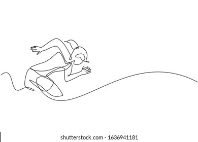 One continuous line drawing of young sporty woman runner focus to train run fast. Health activity sport concept. Dynamic single line draw design vector illustration for running event promotion poster