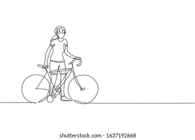 One continuous line drawing of young sporty woman bicycle racer wait for her friend at road side. Road cyclist concept. Dynamic single line draw design vector illustration for cycling sport poster