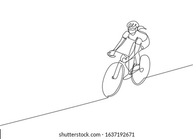 One continuous line drawing of young sporty woman bicycle racer focus train her skill at cycling track. Road cyclist concept. Single line draw design vector illustration for cycling competition poster