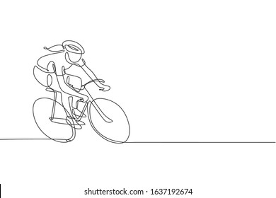 One continuous line drawing young sporty woman bicycle racer pedaling her bike so fast. Road cyclist concept. Dynamic single line draw design vector illustration graphic for cycling competition poster