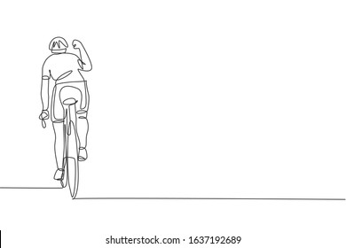 One continuous line drawing of young sporty man bicycle racer raise his hand to celebrate the finish. Road cyclist concept. Single line draw design vector illustration for cycling competition poster