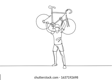 One continuous line drawing young sporty man bicycle racer lift up his light bicycle. Road cyclist concept. Dynamic single line draw design graphic vector illustration for cycling competition poster