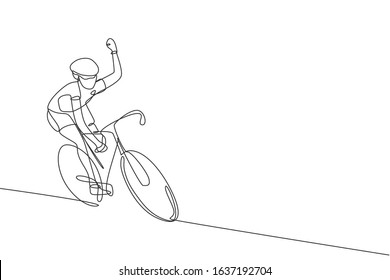 One continuous line drawing of young sporty man bicycle racer wave hand to supporters. Road cyclist concept. Dynamic single line draw design graphic vector illustration for cycling competition poster