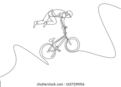 One continuous line drawing of young BMX bicycle rider does flying on the air trick at skatepark. Extreme sport concept vector illustration. Dynamic single line draw design for event promotion poster