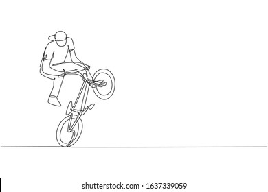 One continuous line drawing of young BMX bicycle rider performing dangerous trick at skatepark. Extreme sport concept vector illustration. Dynamic single line draw design for event promotion poster