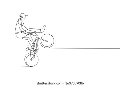 One continuous line drawing of young BMX bicycle rider performing dangerous trick at skatepark. Extreme sport concept vector illustration. Dynamic single line draw design for event promotion poster