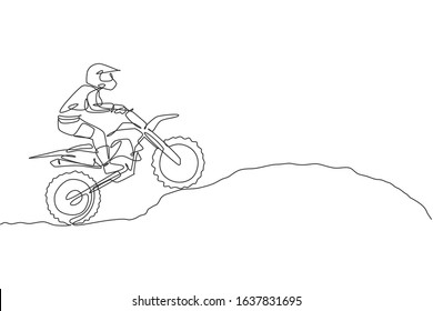 One continuous line drawing of young motocross rider climb mound of land at race track. Extreme sport concept. Dynamic single line draw design vector illustration for motocross competition poster