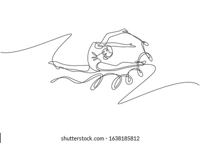 One continuous line drawing of young ballerina girl in motion. Rhythmic gymnast in leotard with ribbon. Healthy sport and active dance concept. Dynamic single line draw design vector illustration