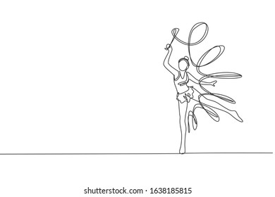 One continuous line drawing of young ballerina girl in motion. Rhythmic gymnast in leotard with ribbon. Healthy sport and active dance concept. Dynamic single line draw design vector illustration