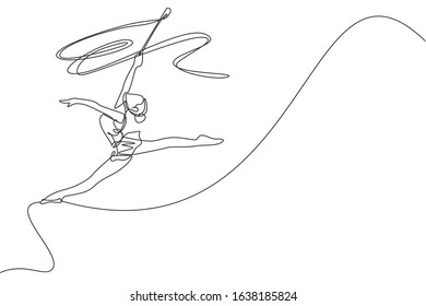 One continuous line drawing of young ballerina girl in motion. Rhythmic gymnast in leotard with ribbon. Healthy sport and active dance concept. Dynamic single line draw design vector illustration