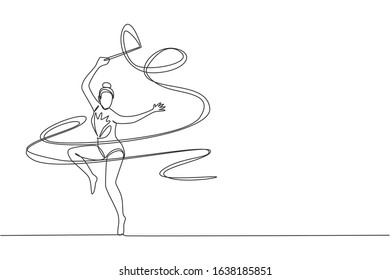 One continuous line drawing of young ballerina girl in motion. Rhythmic gymnast in leotard with ribbon. Healthy sport and active dance concept. Dynamic single line draw design vector illustration